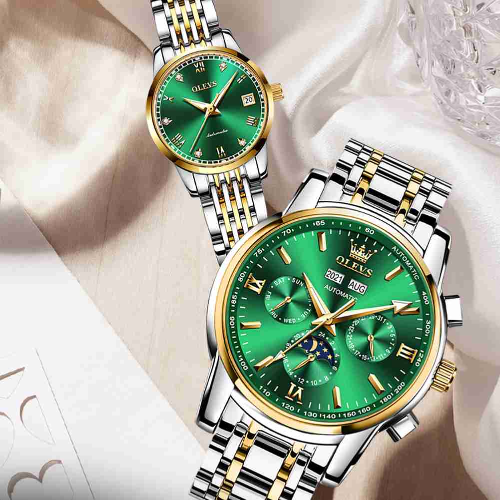 OLEVS 6633 6602 Couple's Watch Automatic Luxury Large Face Multi Calendar Stainless Steel Waterproof Luminous Men's Watch