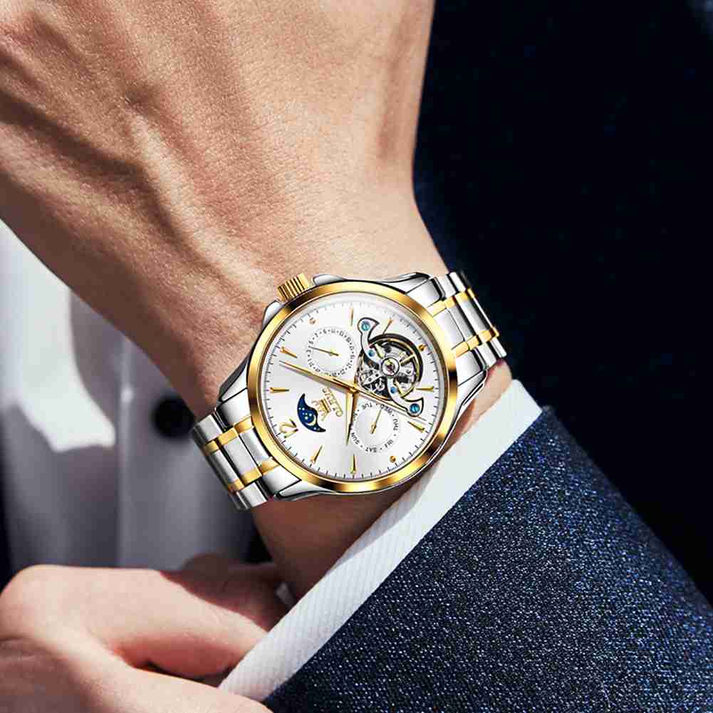 OLEVS 6663 Men's Mechanical Stainless Steel Watch With 3ATM Water Resistance, Moon Phase, Calendar, Weekday, Hollow Design Display