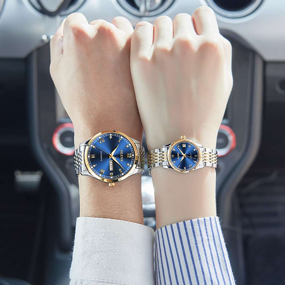 OLEVS 6602 Couple montres son et sa mode Dresse ensemble romantique paire correspondant bracelet en acier inoxydable lumineux étanche montre-bracelet