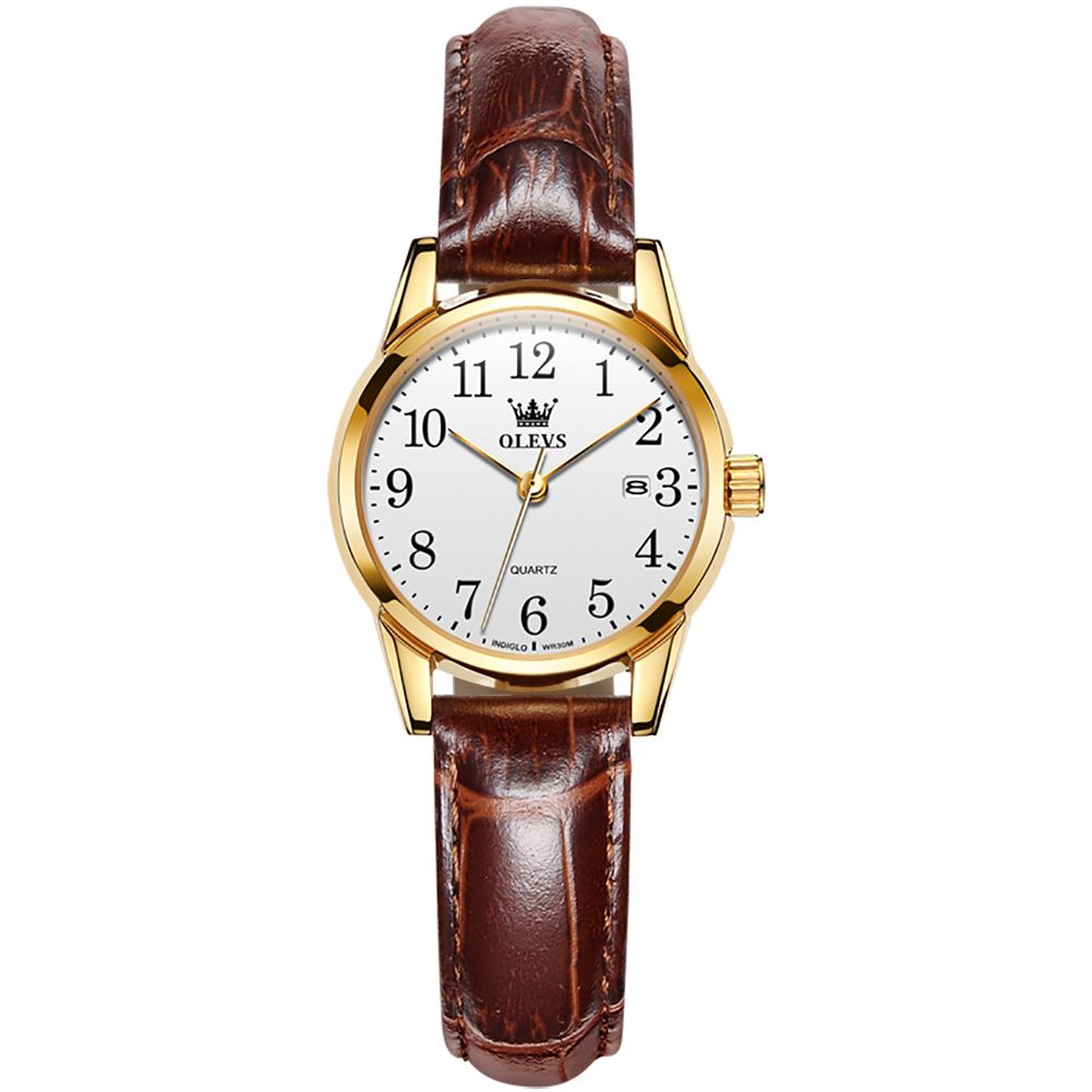 #Color_Brown Strap-White Dial Gold Trim