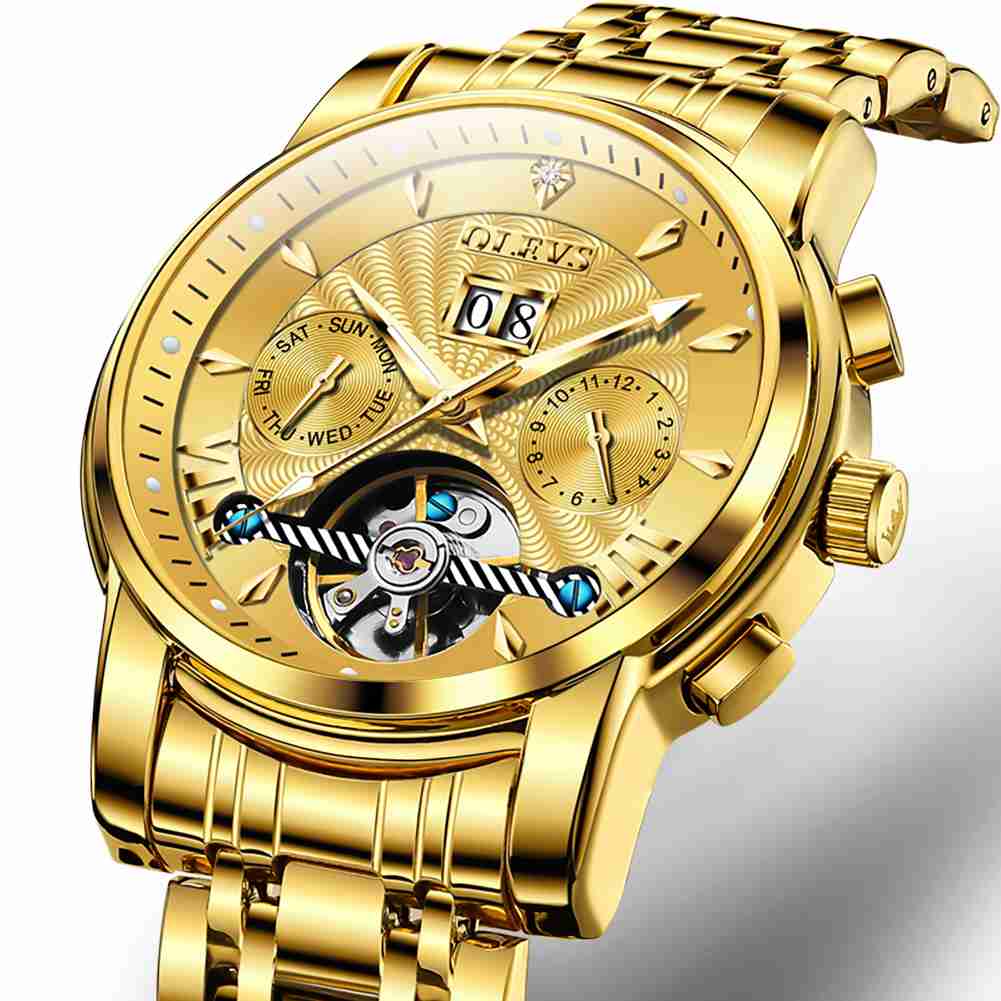 OLEVS 9965 Men's Automatic Skeleton Luxury Watch - Mechanical Timepiece With 5 Hands, Classic Calendar, Stainless Steel