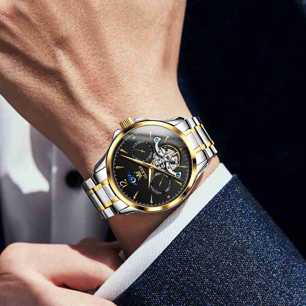 OLEVS 6663 Men's Mechanical Stainless Steel Watch With 3ATM Water Resistance, Moon Phase, Calendar, Weekday, Hollow Design Display