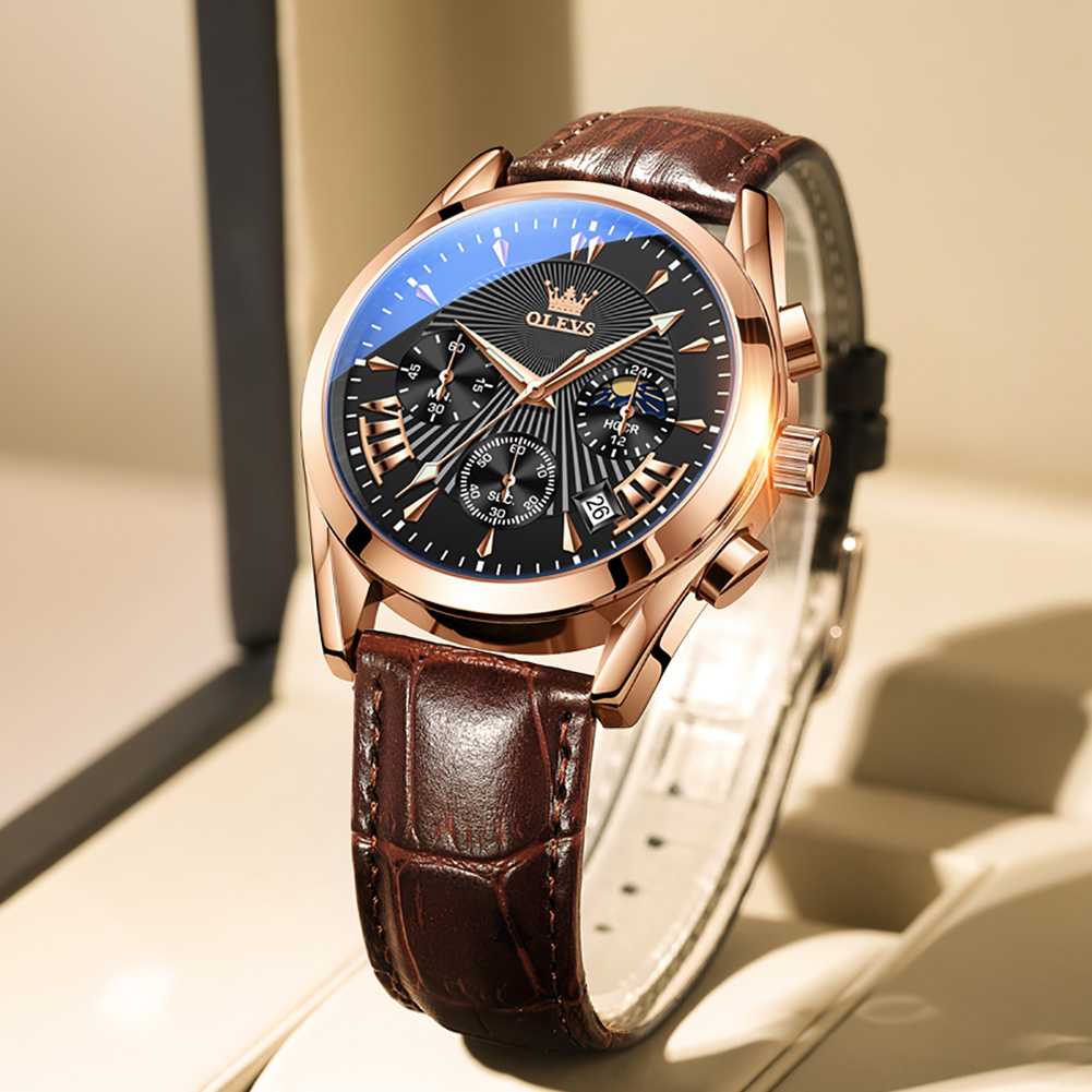 OLEVS 2876 Men Watch Brown Leather Classic Analog Quartz Watch Week Date Casual Luminous Black/Blue/White Dial 3ATM Waterproof Wrist Watch