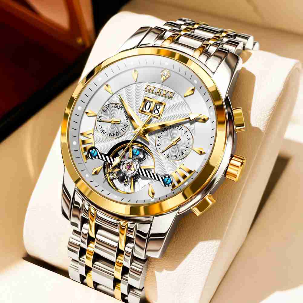 OLEVS 9965 Men's Automatic Skeleton Luxury Watch - Mechanical Timepiece With 5 Hands, Classic Calendar, Stainless Steel