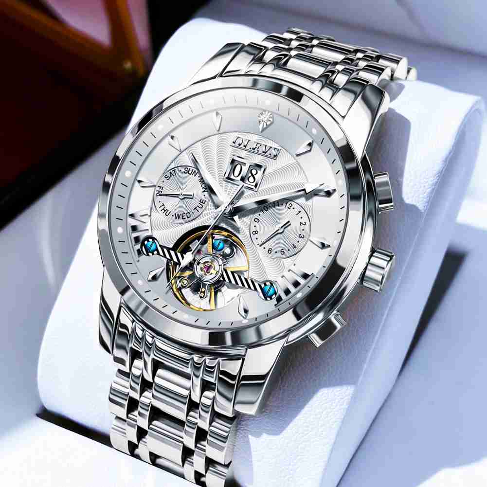 OLEVS 9965 Men's Automatic Skeleton Luxury Watch - Mechanical Timepiece With 5 Hands, Classic Calendar, Stainless Steel