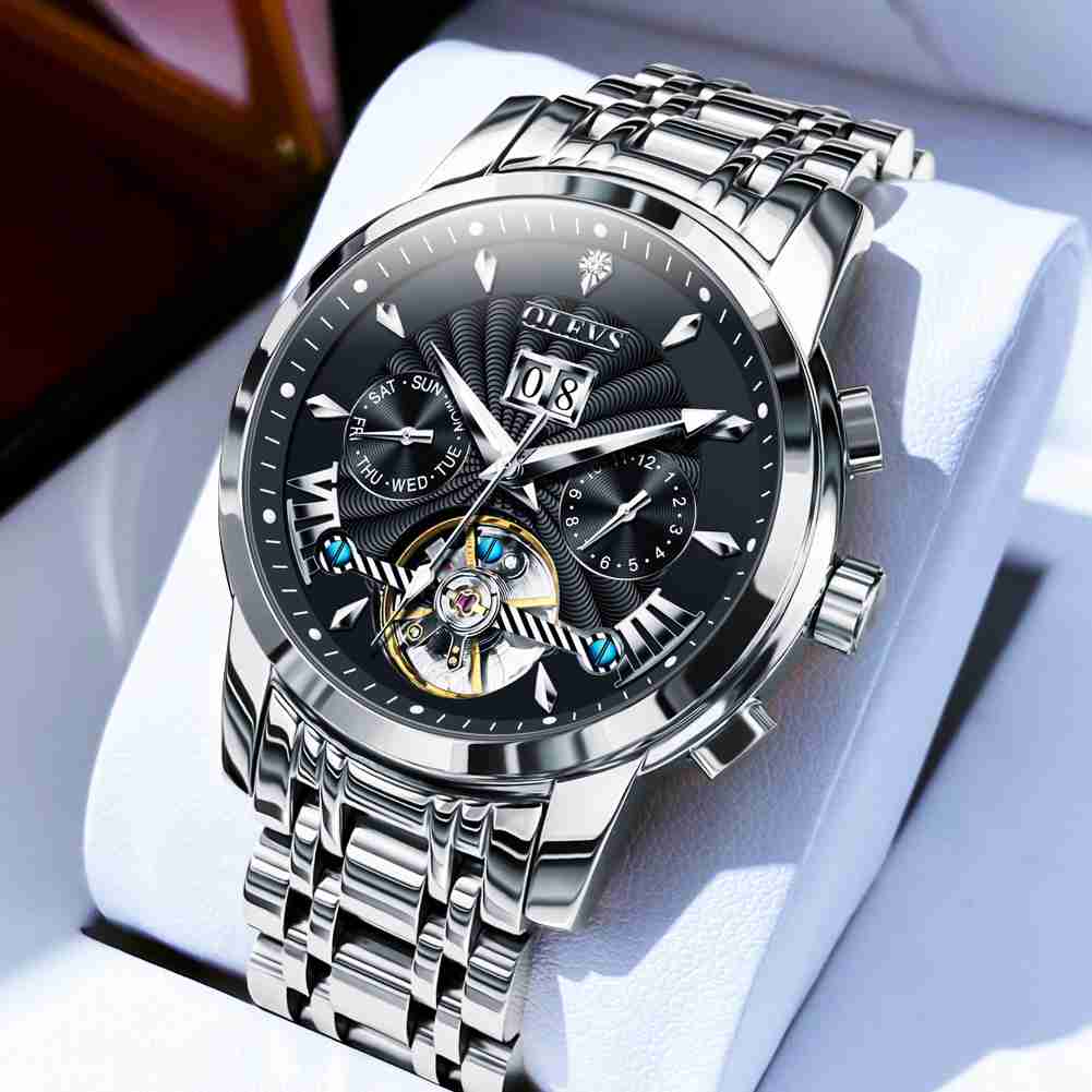 OLEVS 9965 Men's Automatic Skeleton Luxury Watch - Mechanical Timepiece With 5 Hands, Classic Calendar, Stainless Steel