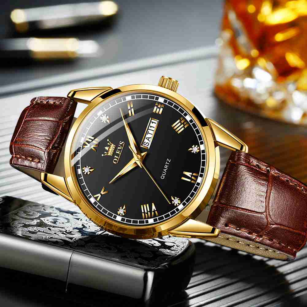 #Color_Brown Strap-Black Dial Gold Trim