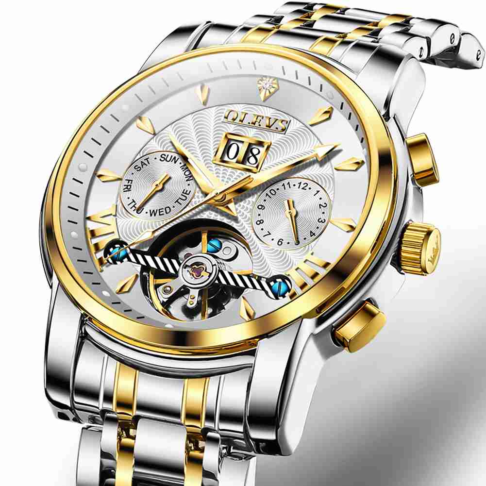 OLEVS 9965 Men's Automatic Skeleton Luxury Watch - Mechanical Timepiece With 5 Hands, Classic Calendar, Stainless Steel