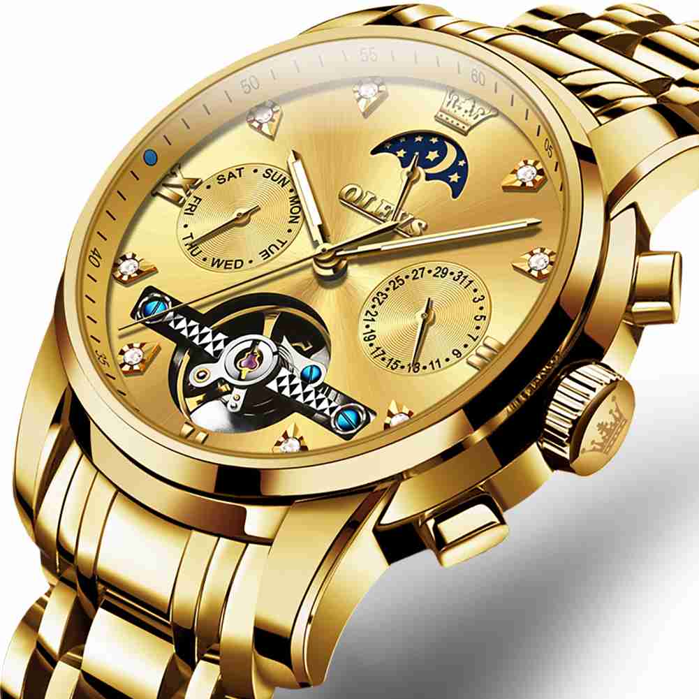 OLEVS 6678 Automatic Watches For Men Gold Luxury Dress Wrist Watch Self Winding Mechanical Skeleton Tourbillon Watch