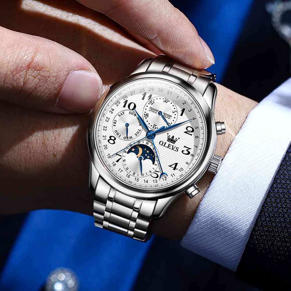 OLEVS 6667 Men's Mechanical Watch With Leather Strap, 3 Sub-Dials, 3ATM Water Resistance, Luminous Hands, Perfect Gift