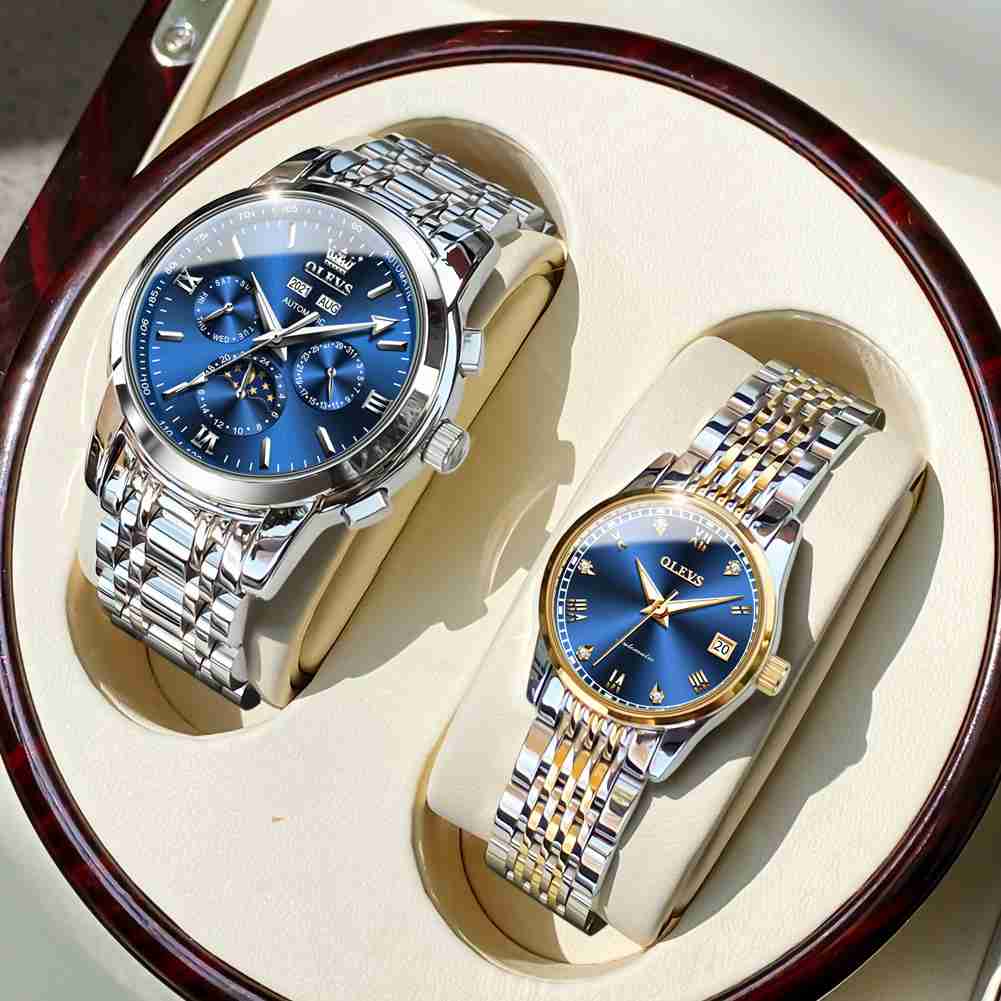 OLEVS 6633 6602 Couple's Watch Automatic Luxury Large Face Multi Calendar Stainless Steel Waterproof Luminous Men's Watch