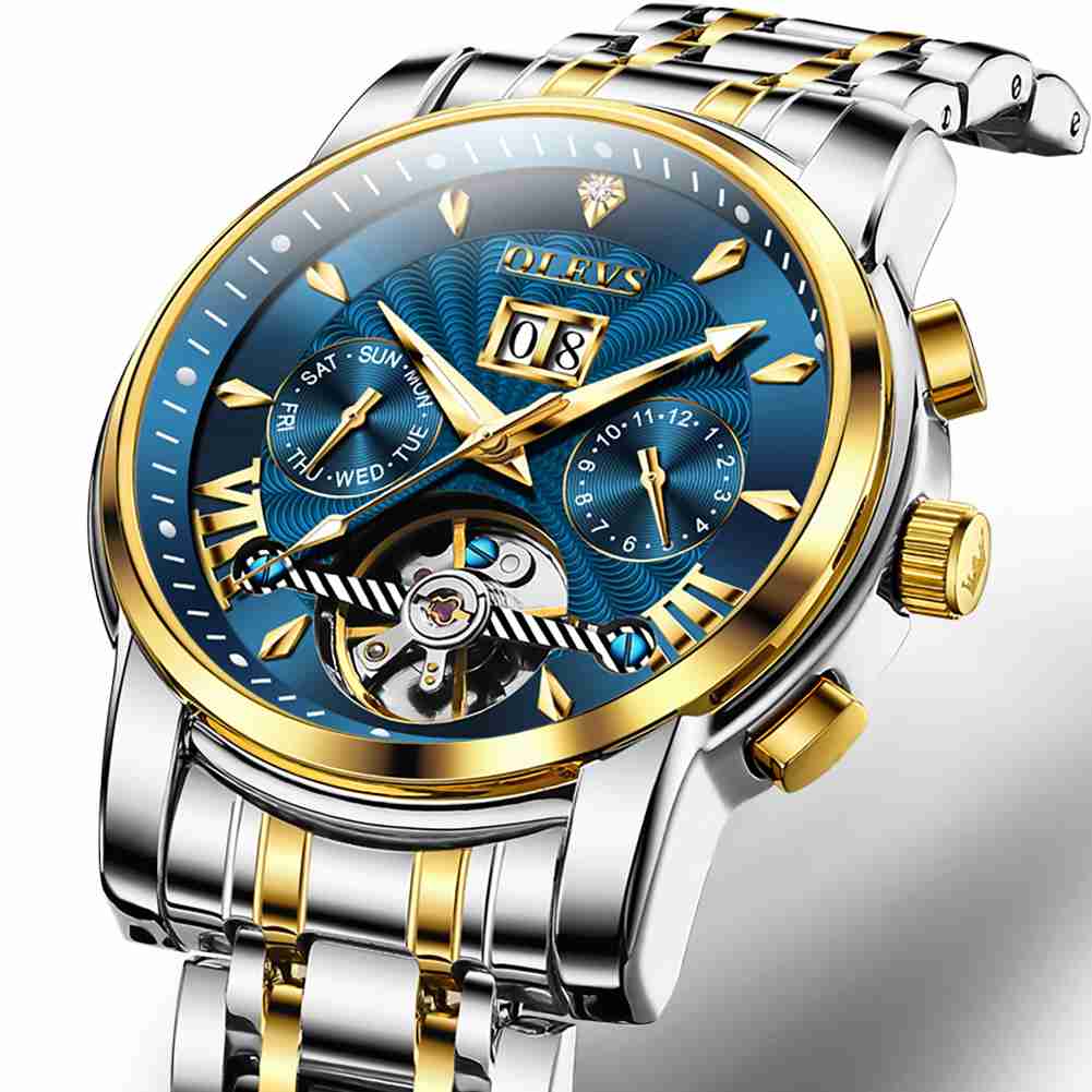 OLEVS 9965 Men's Automatic Skeleton Luxury Watch - Mechanical Timepiece With 5 Hands, Classic Calendar, Stainless Steel