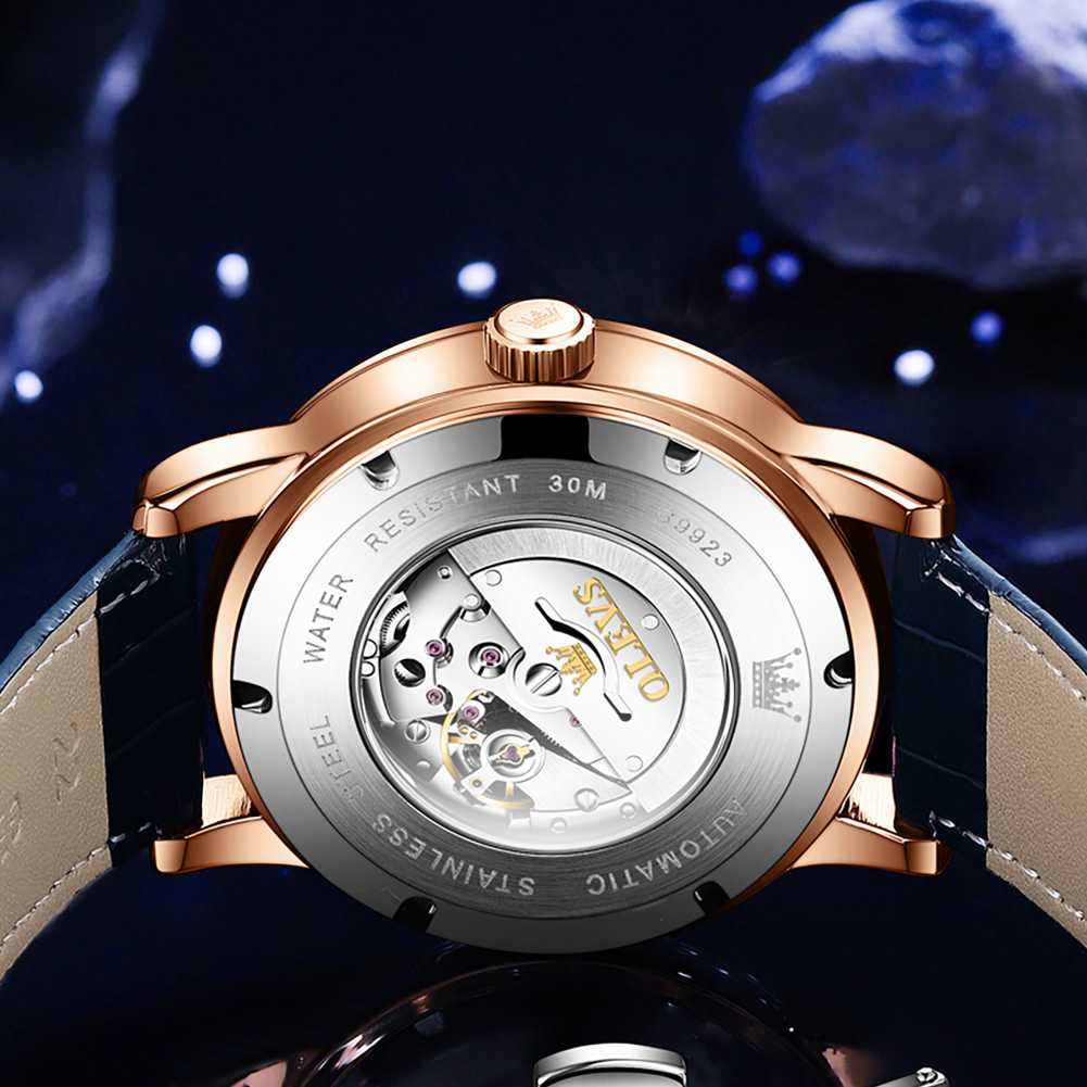 OLEVS 9923 Starry Sky Moon Phase Men's Automatic Mechanical Watches Blue Leather Luxury Dress Waterproof Luminous Wrist Watches