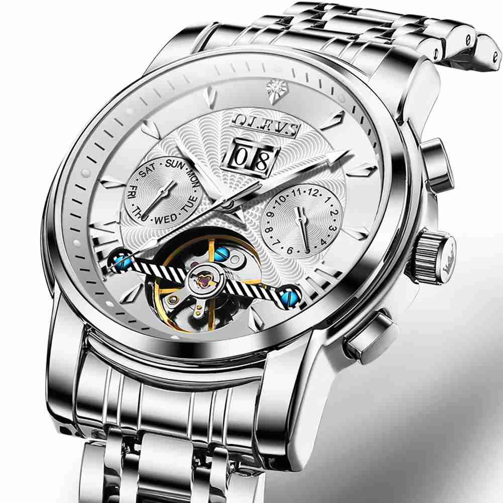 OLEVS 9965 Men's Automatic Skeleton Luxury Watch - Mechanical Timepiece With 5 Hands, Classic Calendar, Stainless Steel