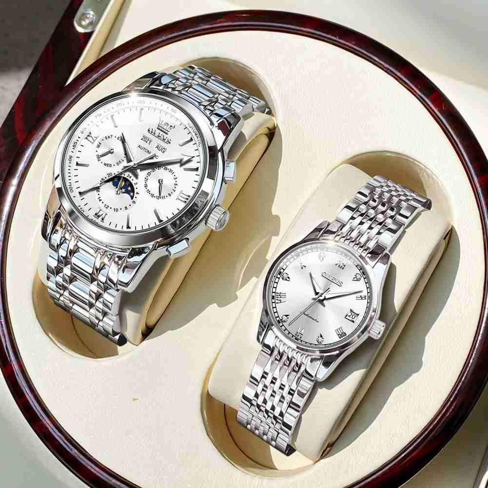 OLEVS 6633 6602 Couple's Watch Automatic Luxury Large Face Multi Calendar Stainless Steel Waterproof Luminous Men's Watch