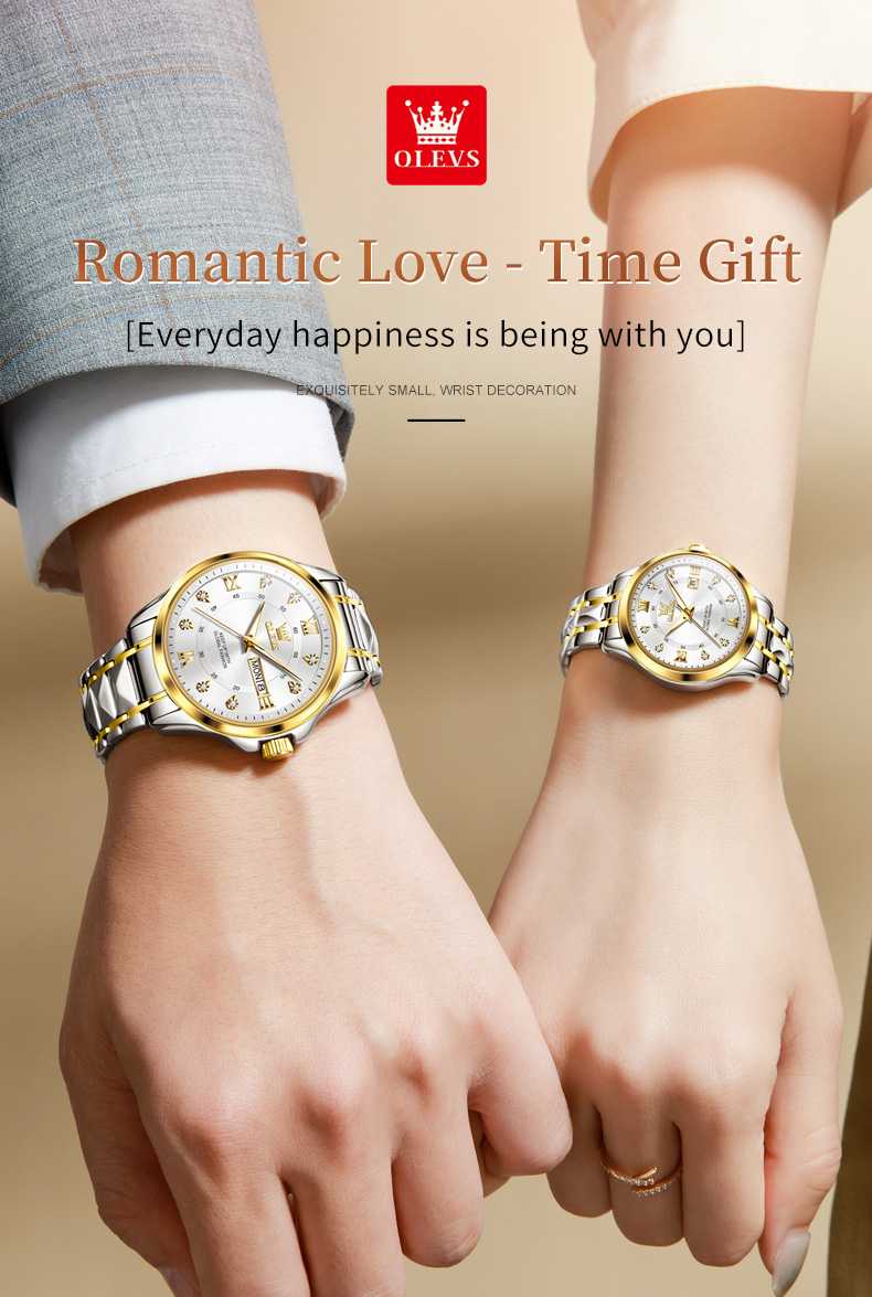 OLEVS 2906 Valentines Couple Pair Couple Automatic Watches His And Her Set Wrist Watch Men And Women Stainless Steel Lovers Wedding Diamond Watches