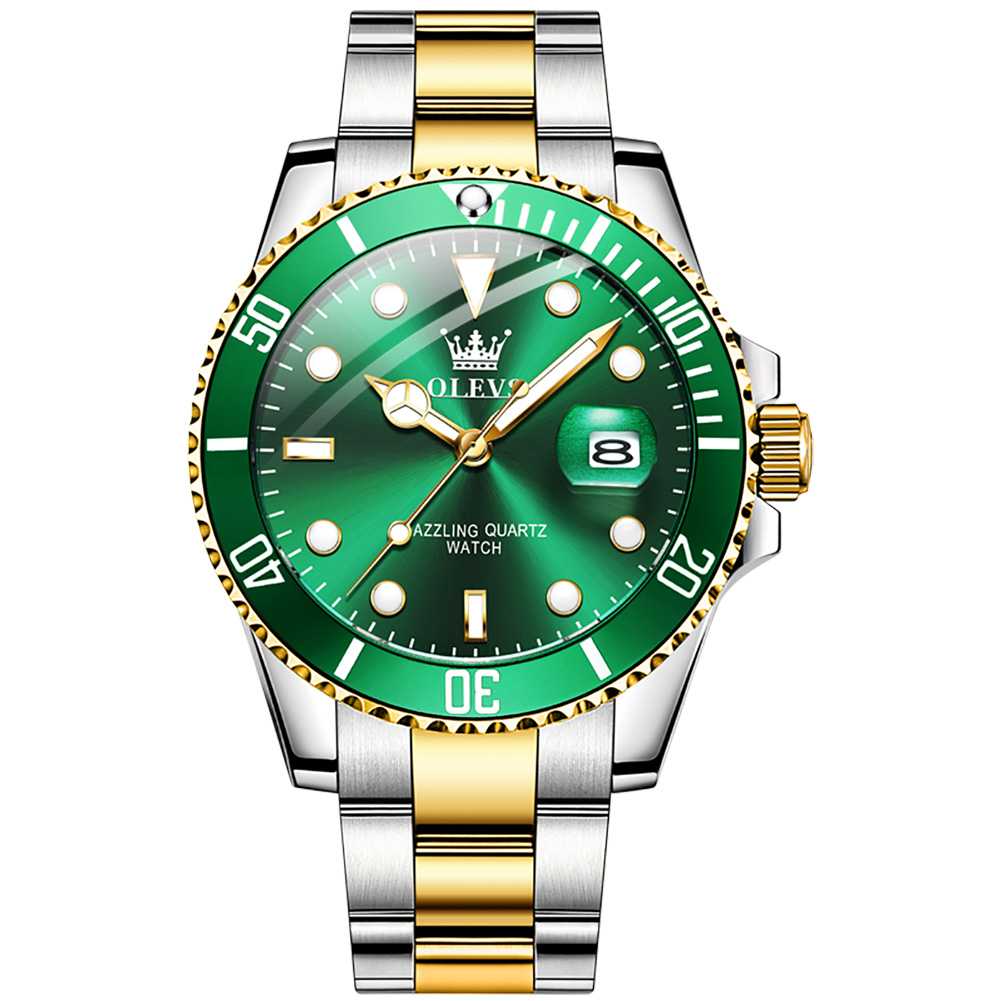 #Color_Two Tone Strap - Green Dial Gold Trim