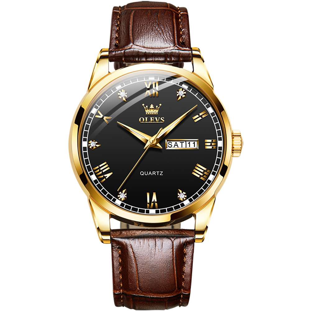 #Color_Brown Strap-Black Dial Gold Trim