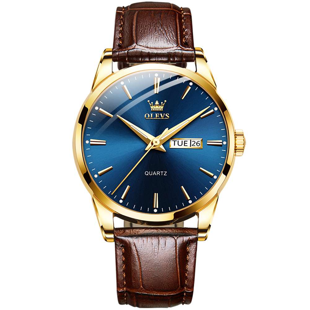 #Color_Brown Strap-Blue Dial Gold Trim