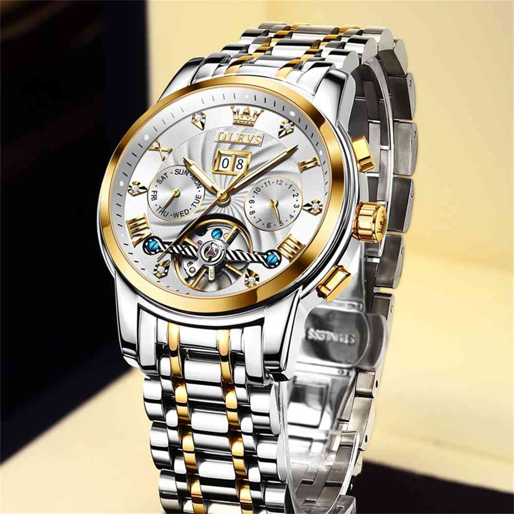 OLEVS 9910 Automatic Watches For Men Gold Luxury Dress Wrist Watch Self Winding Mechanical Skeleton Tourbillon Watch