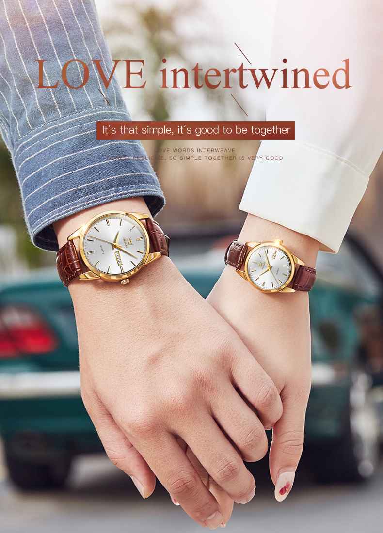 OLEVS 6898 Couple Watches - Classic Brown Leather, Analog Quartz, Romantic Waterproof Date Pair Watch For Men And Women