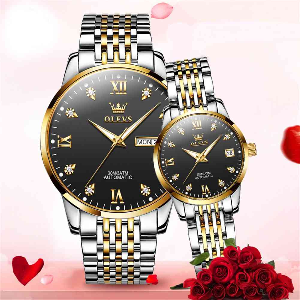 OLEVS 6673 Couple Mechanical Stainless Steel Watch, Diamond Face, Business Style