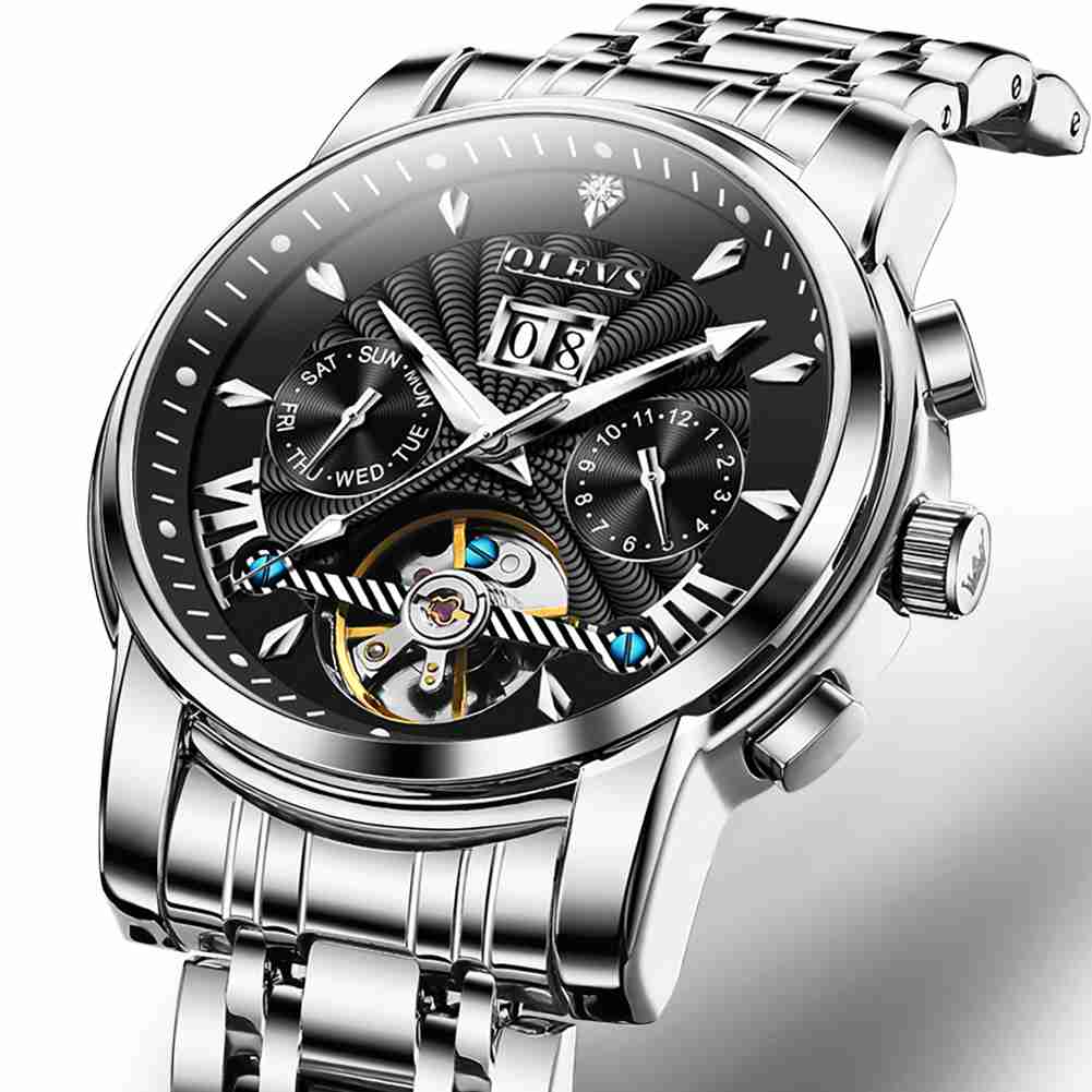 OLEVS 9965 Men's Automatic Skeleton Luxury Watch - Mechanical Timepiece With 5 Hands, Classic Calendar, Stainless Steel