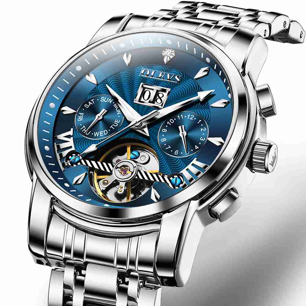 OLEVS 9965 Men's Automatic Skeleton Luxury Watch - Mechanical Timepiece With 5 Hands, Classic Calendar, Stainless Steel