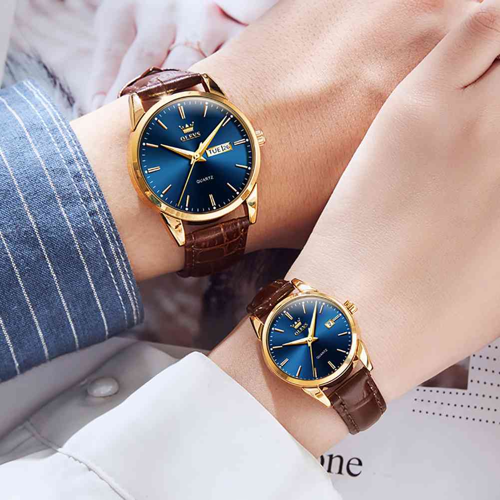 OLEVS 6898 Couple Watches - Classic Brown Leather, Analog Quartz, Romantic Waterproof Date Pair Watch For Men And Women