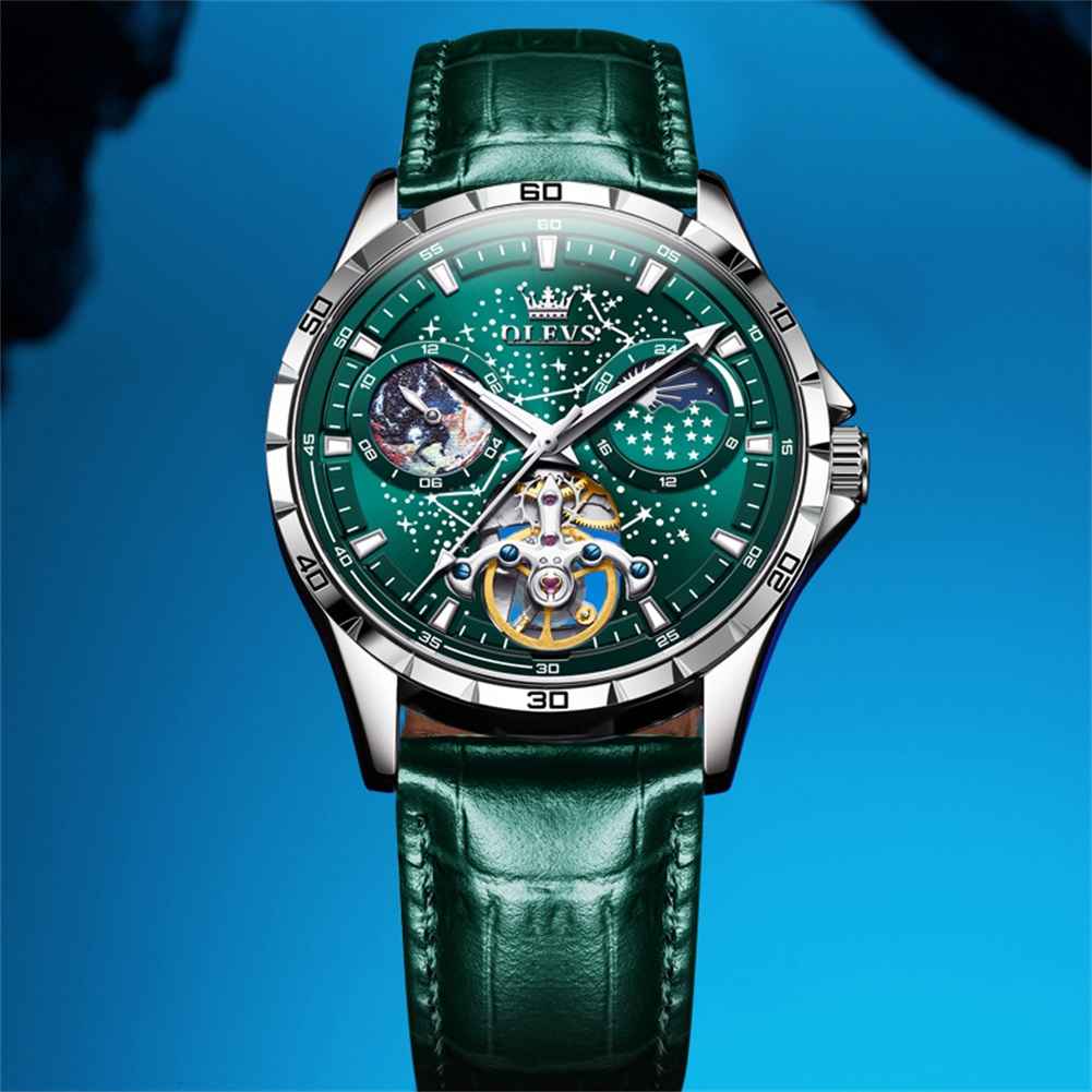 OLEVS 6689 Men's Automatic Skeleton Starry Sky Dial Mechanical Self-Winding Luxury Watch, Stainless Steel Moon Phase, Waterproof, Luminous Wristwatch