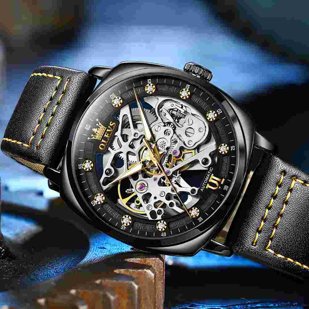 OLEVS 6651 Automatic Skeleton Men's Watches - Self-Winding Mechanics, Luxury Leather Strap, Steampunk Style, Luminous, Waterproof Wristwatches