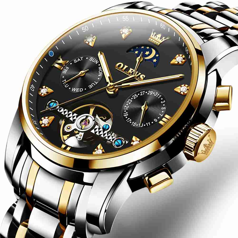 OLEVS 6678 Automatic Watches For Men Gold Luxury Dress Wrist Watch Self Winding Mechanical Skeleton Tourbillon Watch