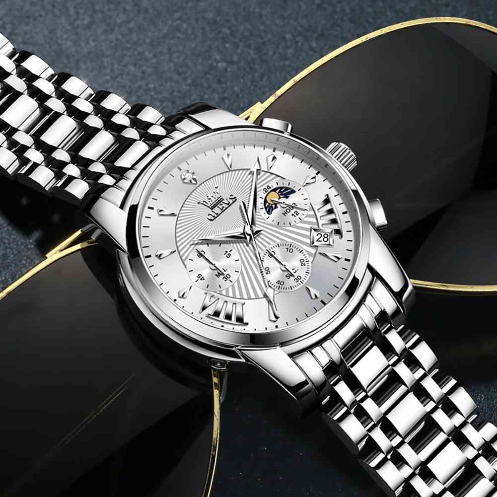 OLEVS 2892 Montres à quartz chronographe pour hommes Texture de phase de lune Montre-bracelet étanche en acier inoxydable