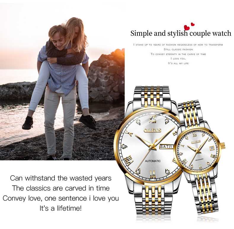 OLEVS 6602 Couple montres son et sa mode Dresse ensemble romantique paire correspondant bracelet en acier inoxydable lumineux étanche montre-bracelet