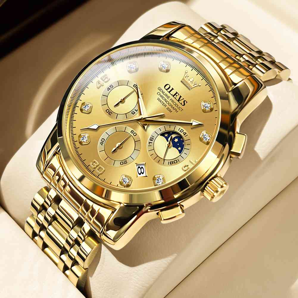 OLEVS 2889 Gold Watch Men Dress Diamond Tonneau Big Face Men Wrist Watch Waterproof Dual Watch Gift