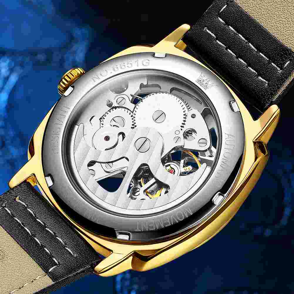 OLEVS 6651 Automatic Skeleton Men's Watches - Self-Winding Mechanics, Luxury Leather Strap, Steampunk Style, Luminous, Waterproof Wristwatches