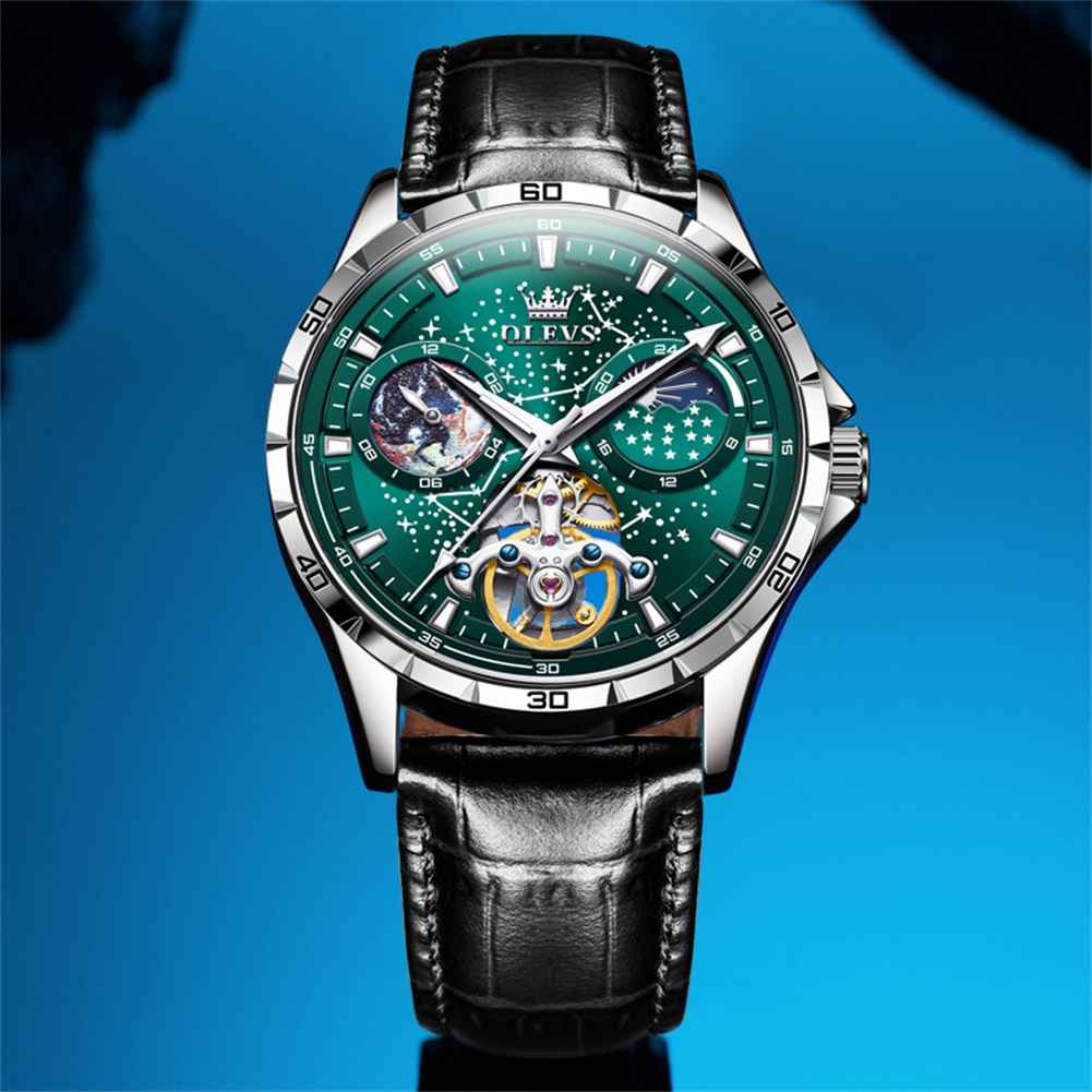 OLEVS 6689 Men's Automatic Skeleton Starry Sky Dial Mechanical Self-Winding Luxury Watch, Stainless Steel Moon Phase, Waterproof, Luminous Wristwatch