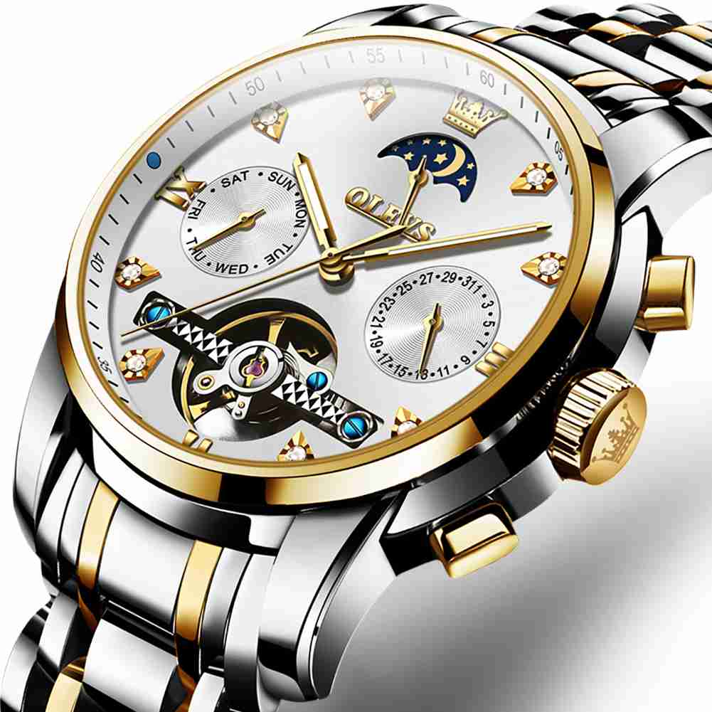 OLEVS 6678 Automatic Watches For Men Gold Luxury Dress Wrist Watch Self Winding Mechanical Skeleton Tourbillon Watch