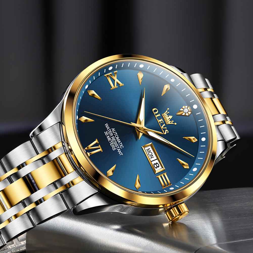 OLEVS 9956 Men's Automatic Self-Winding Mechanical Luxury Business Dress Watch - Stainless Steel, Waterproof, Luminous, Day-Date Feature