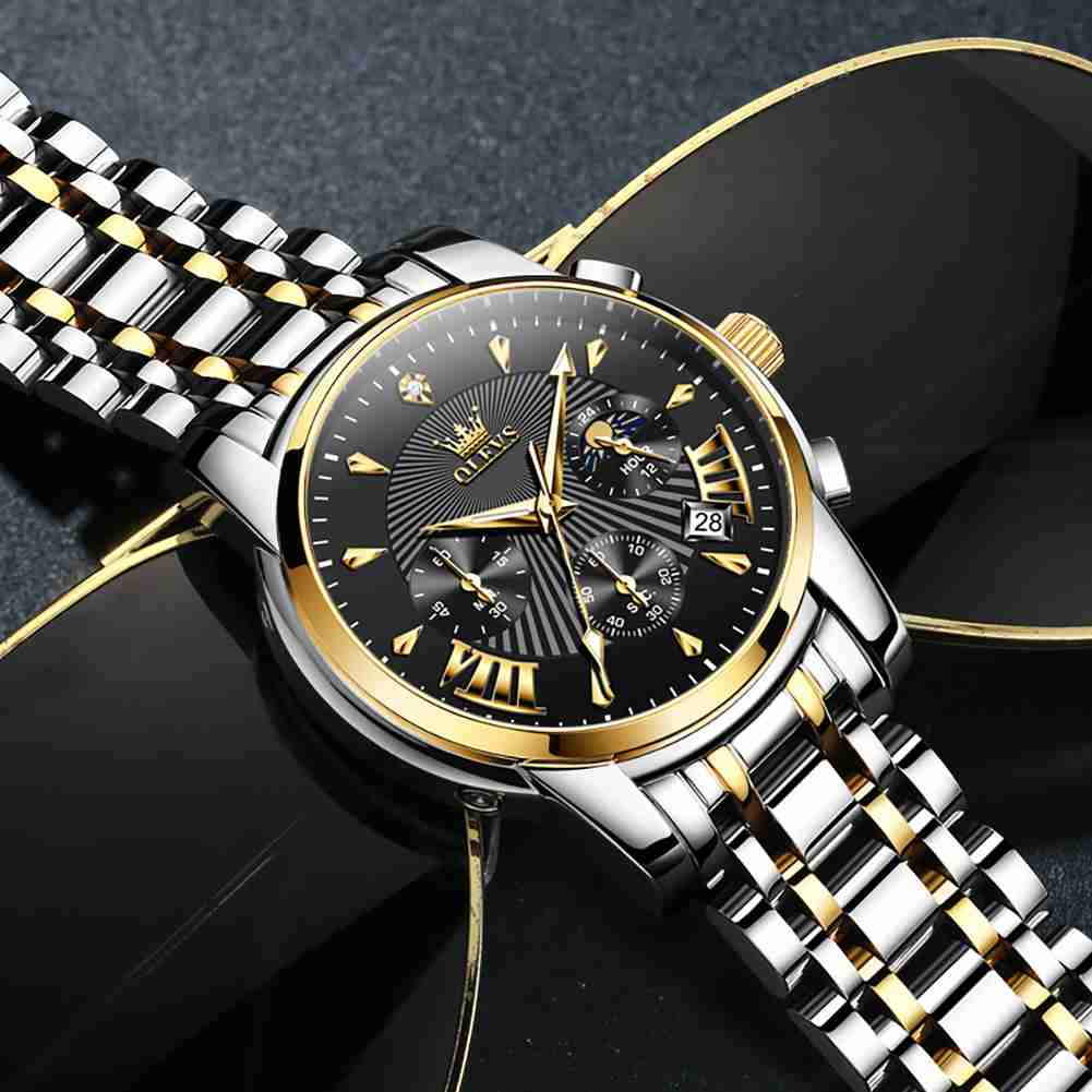 OLEVS 2892 Montres à quartz chronographe pour hommes Texture de phase de lune Montre-bracelet étanche en acier inoxydable