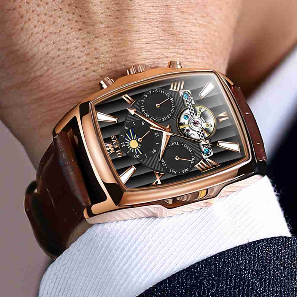 OLEVS 6675 Mechanical Dress Mens Watches Square Brown Skeleton Tourbillion Waterproof Luminous Men's Wrist Watches