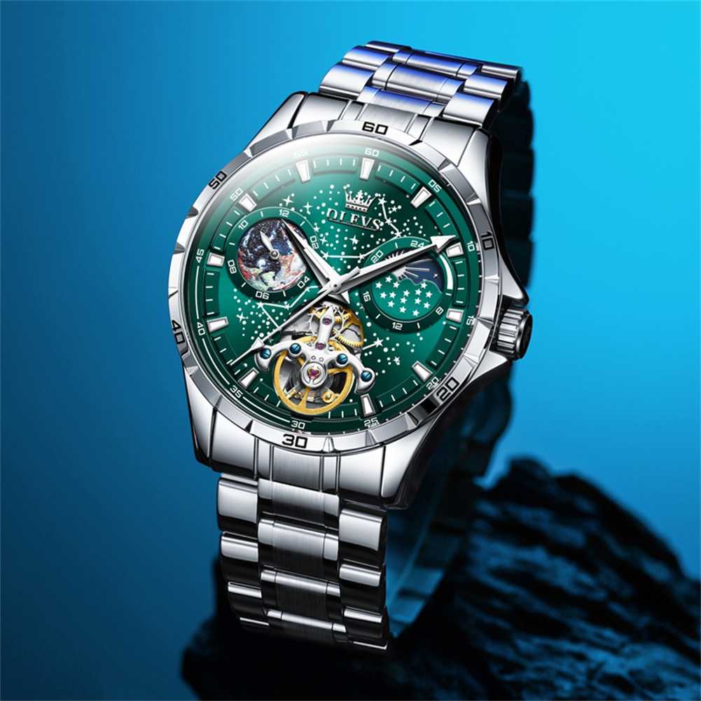 OLEVS 6689 Men's Automatic Skeleton Starry Sky Dial Mechanical Self-Winding Luxury Watch, Stainless Steel Moon Phase, Waterproof, Luminous Wristwatch