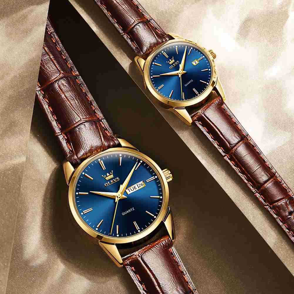 OLEVS 6898 Couple Watches - Classic Brown Leather, Analog Quartz, Romantic Waterproof Date Pair Watch For Men And Women