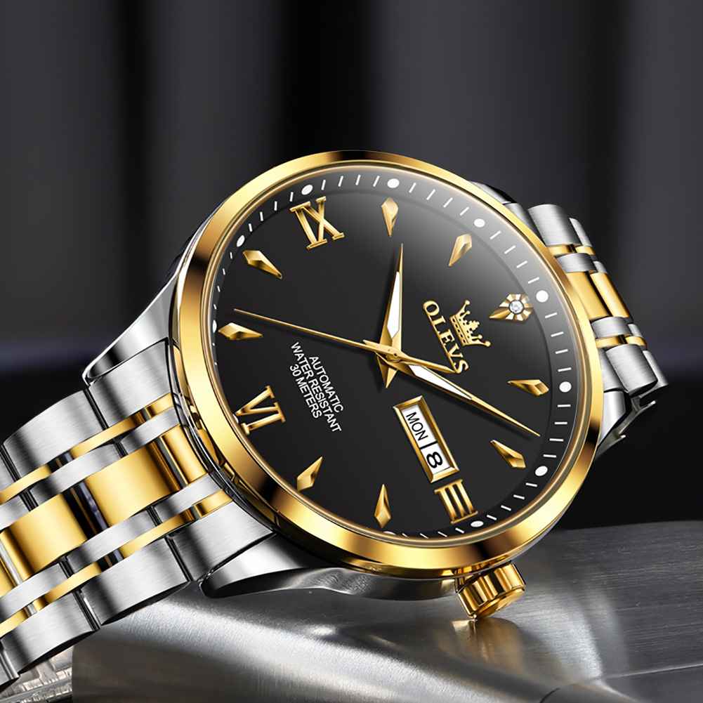 OLEVS 9956 Men's Automatic Self-Winding Mechanical Luxury Business Dress Watch - Stainless Steel, Waterproof, Luminous, Day-Date Feature