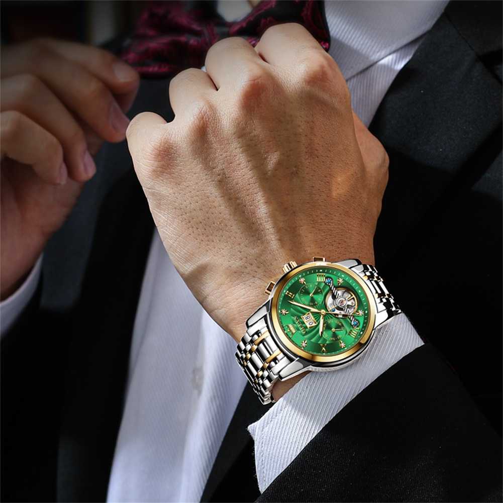 OLEVS 9910 Automatic Watches For Men Gold Luxury Dress Wrist Watch Self Winding Mechanical Skeleton Tourbillon Watch