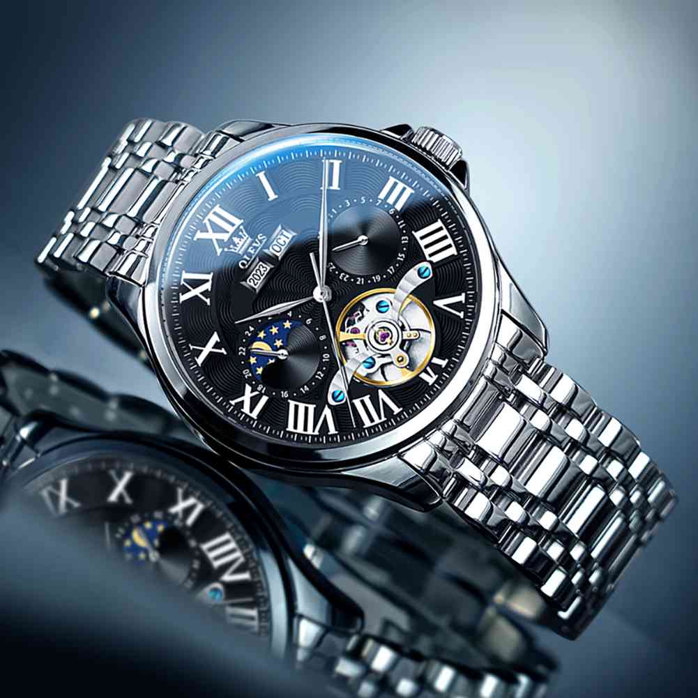 OLEVS 7013 Men's Mechanical Watch With Skeleton Design, Roman Numerals