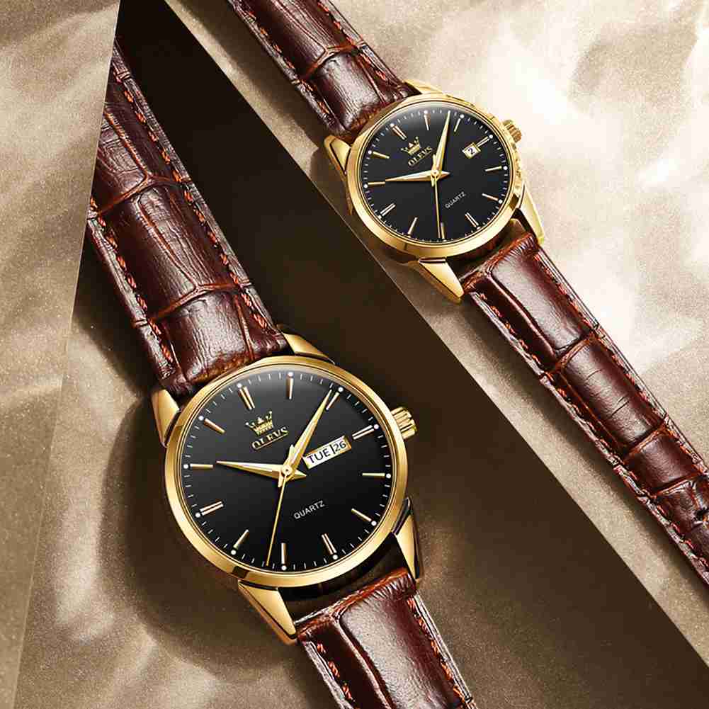 OLEVS 6898 Couple Watches - Classic Brown Leather, Analog Quartz, Romantic Waterproof Date Pair Watch For Men And Women