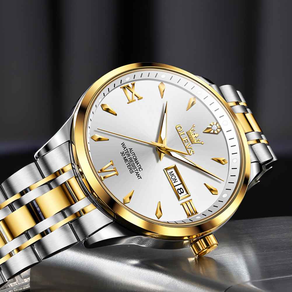 OLEVS 9956 Men's Automatic Self-Winding Mechanical Luxury Business Dress Watch - Stainless Steel, Waterproof, Luminous, Day-Date Feature