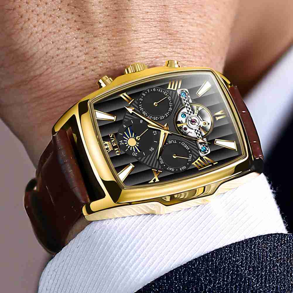 OLEVS 6675 Mechanical Dress Mens Watches Square Brown Skeleton Tourbillion Waterproof Luminous Men's Wrist Watches