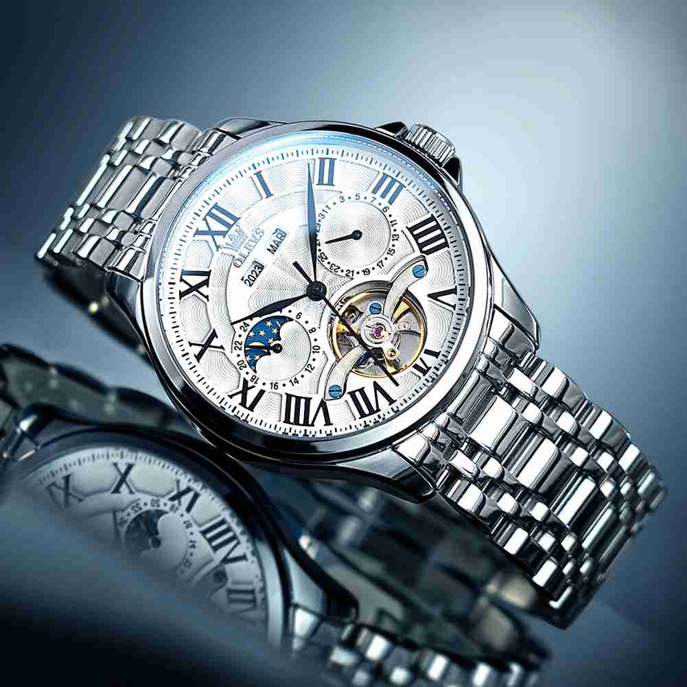 OLEVS 7013 Men's Mechanical Watch With Skeleton Design, Roman Numerals